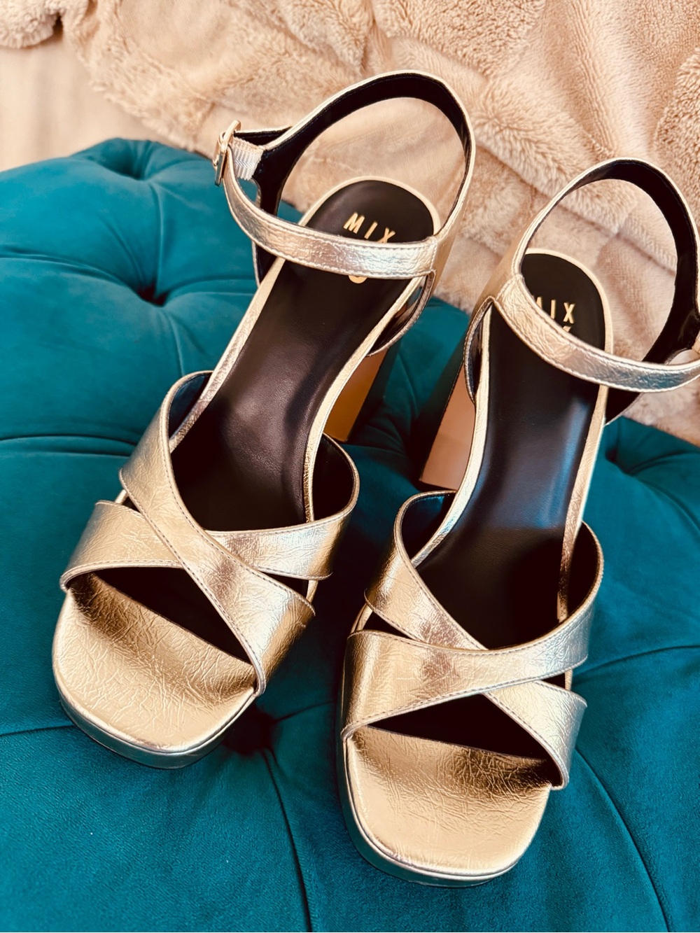 Mix No. 6 Metallic Gold Strappy Block Heel Sandals